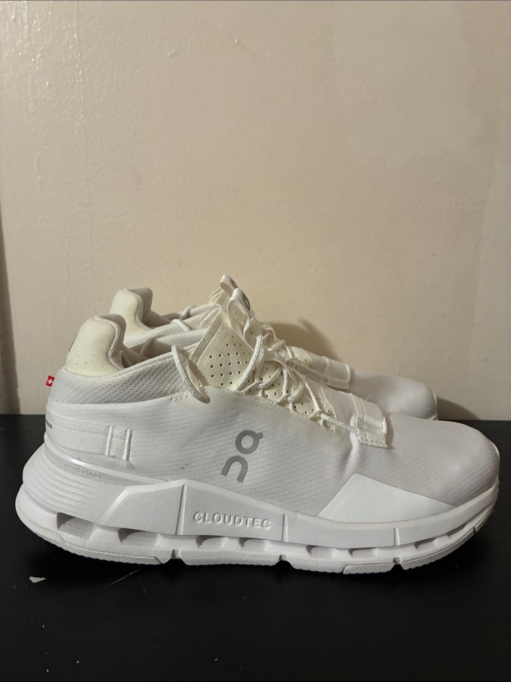 All-white On Cloudnova 2 sneakers featuring the brand Women’s size 10W
